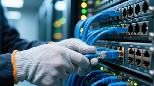 制造企业网络部署现场，工业环境下网络设备安装完成，技术人员正在进行最后的调试工作
